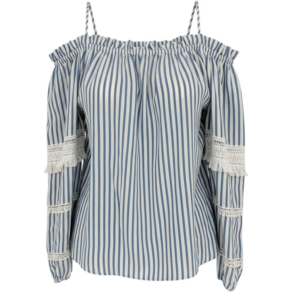 Aqua Striped Blouse Women L Blue Lace Fringe Boho Cottagecore Coastal Romantic